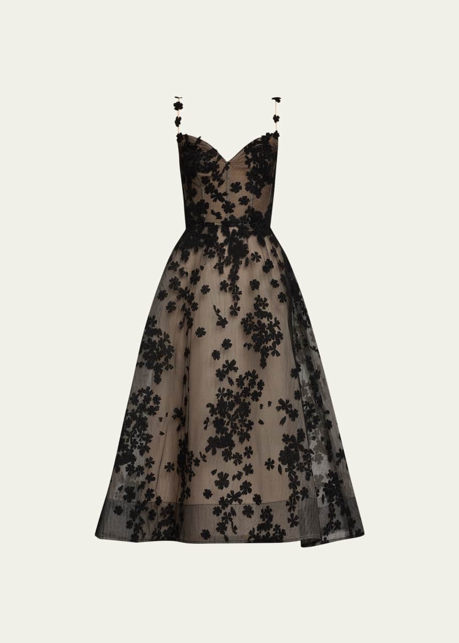 Image 1 of 1: Floral Applique Tulle Fit-Flare Midi Dress