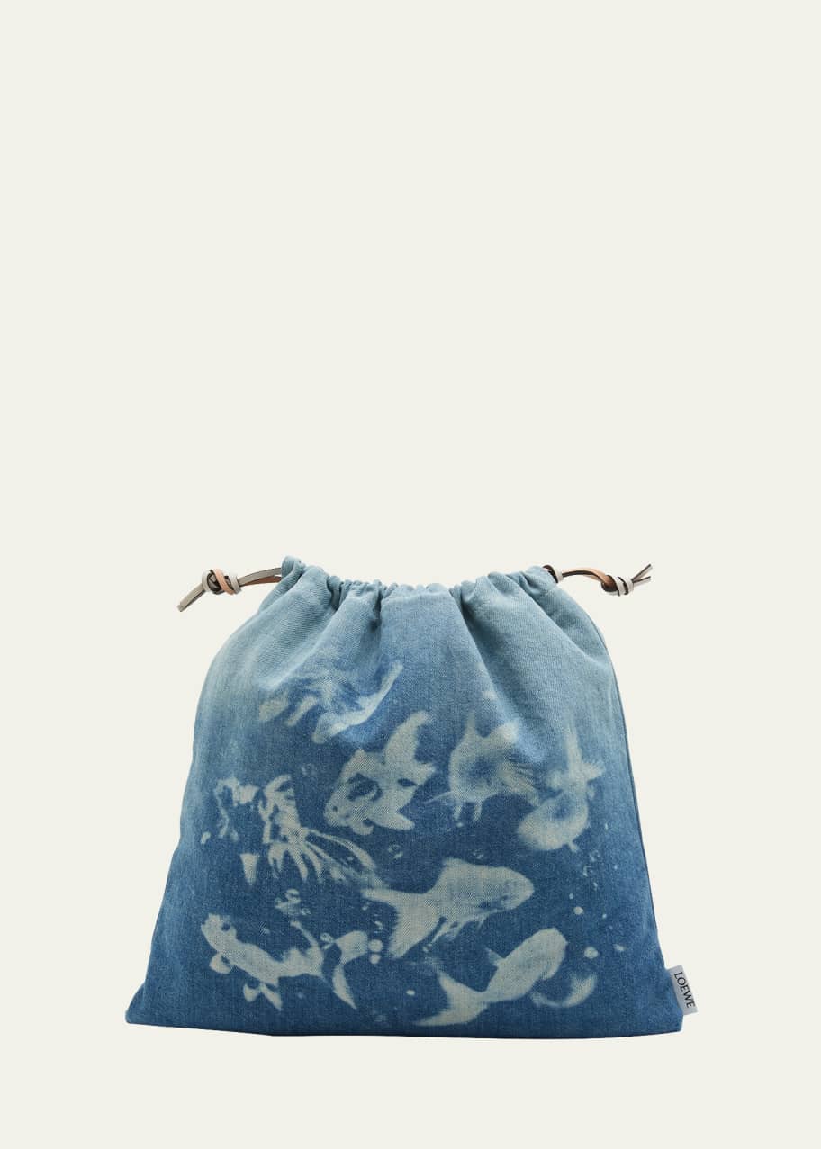 Loewe Fish-Print Drawstring Denim Clutch Bag - Bergdorf Goodman