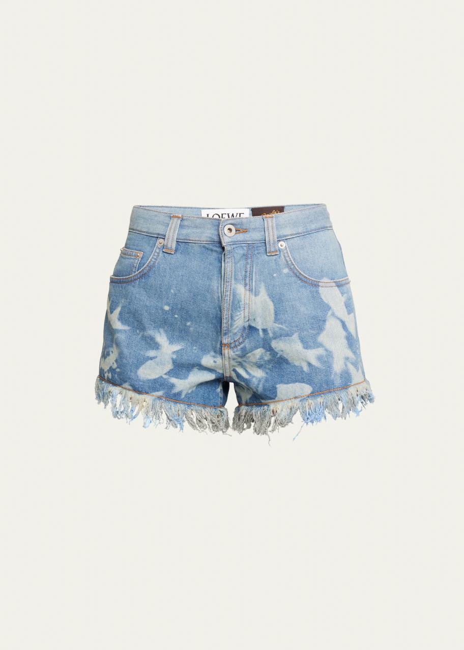 LOEWE Fish-Print Fringe Denim Shorts - Bergdorf Goodman