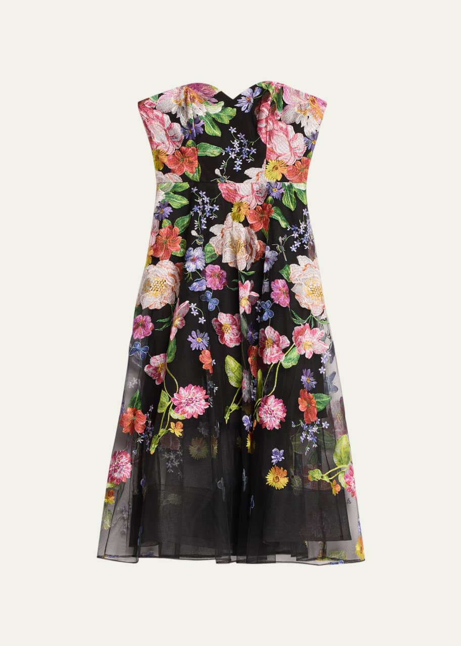 Marchesa Notte Strapless Floral-Embroidered Tulle Midi Dress