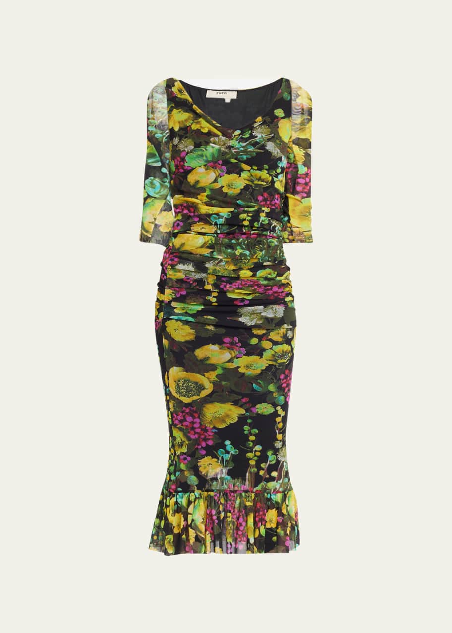Fuzzi Ruched Floral-Print Tulle Midi Dress - Bergdorf Goodman