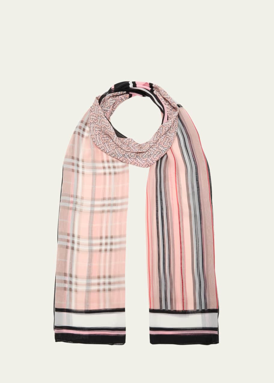 Burberry Triple Check Striped Silk Skinny Scarf - Bergdorf Goodman