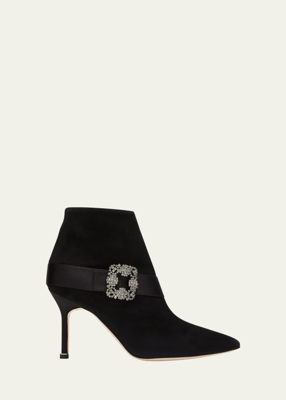 【MANOLO BLAHNIK】PLINIANU Suede Jewel Buckle Ankle Boots MYCONIA | Black Suede Round Toe Ankle Boots | Manolo Blahnik