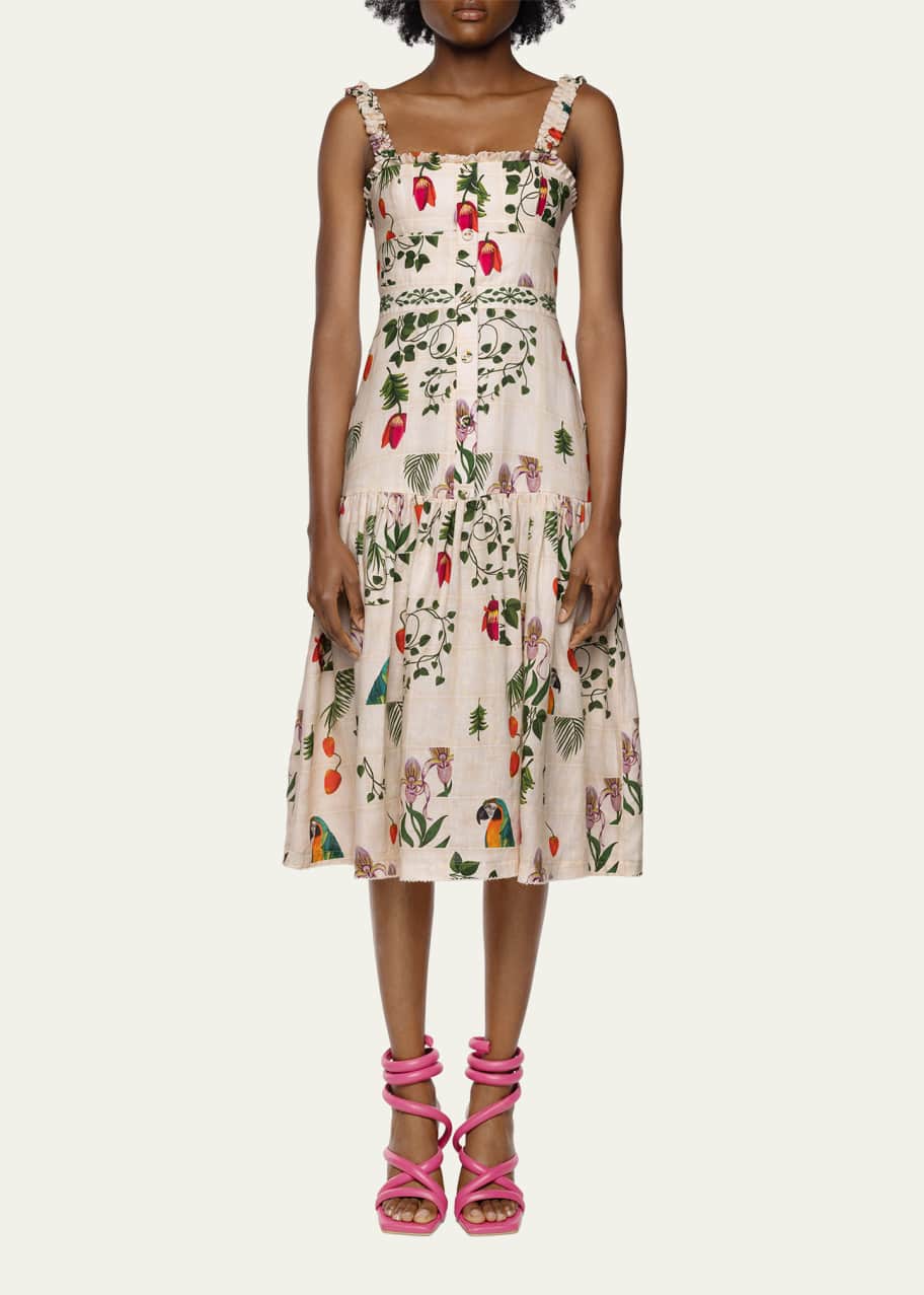 Agua by Agua Bendita Nispero Bouquet Embroidered Linen Ruffle-Trim Midi  Dress - Bergdorf Goodman