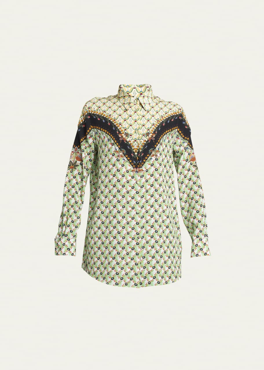 Image 1 of 1: Micro Floral-Print Silk Button-Front Shirt