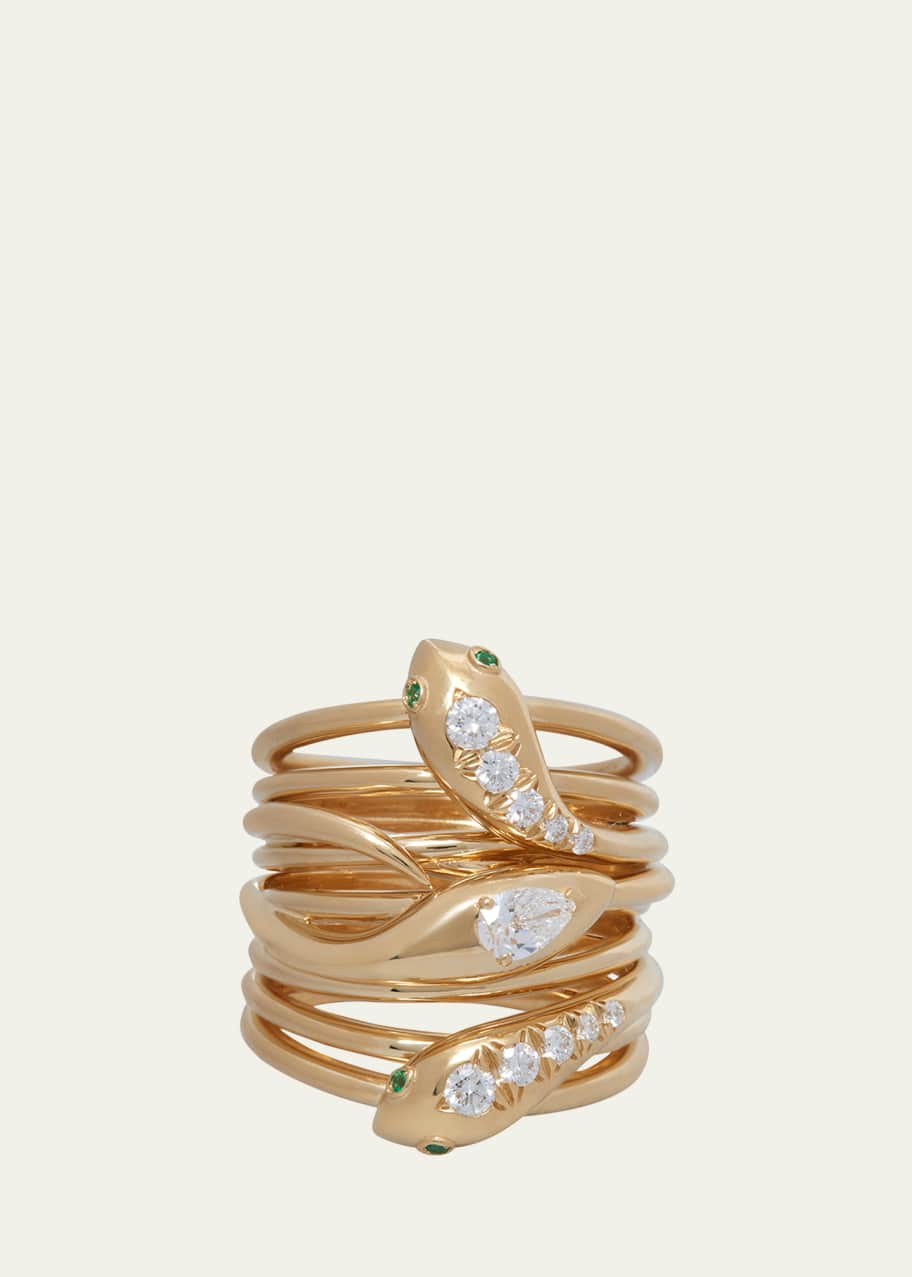 Image 1 of 1: 18K Yellow Gold Snake Ring with Emeralds and Diamonds, Size 8.5