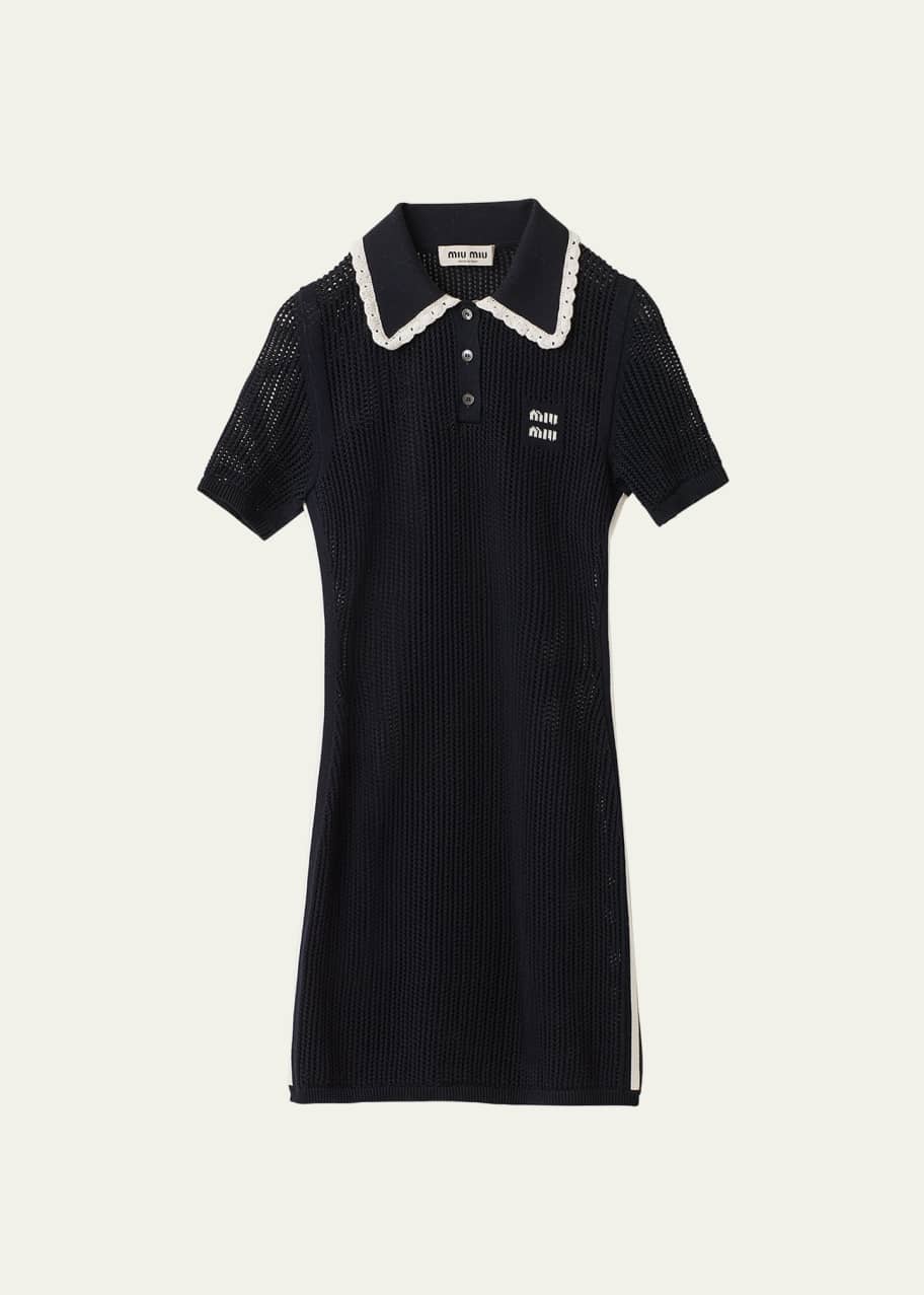 Miu Miu Short-Sleeve Lace-Trim Cotton Rete Mini Polo Dress