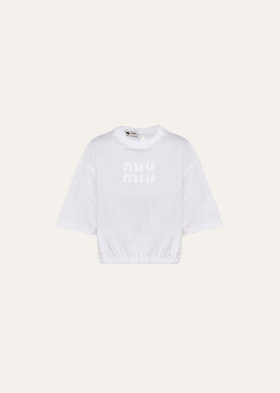 miu miu 半袖ロゴニット ホワイト Miu Miu Logo-Embroidered Jersey Elastic-Hem Tee - Bergdorf Goodman