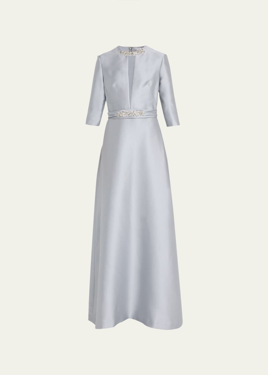 reem acra beaded cap sleeve dress SHIRRED SHORT SLEEVE TEXTURED MIKADO DRESS WITH EMBROIDERED BODICE –  ReemAcra main image 0