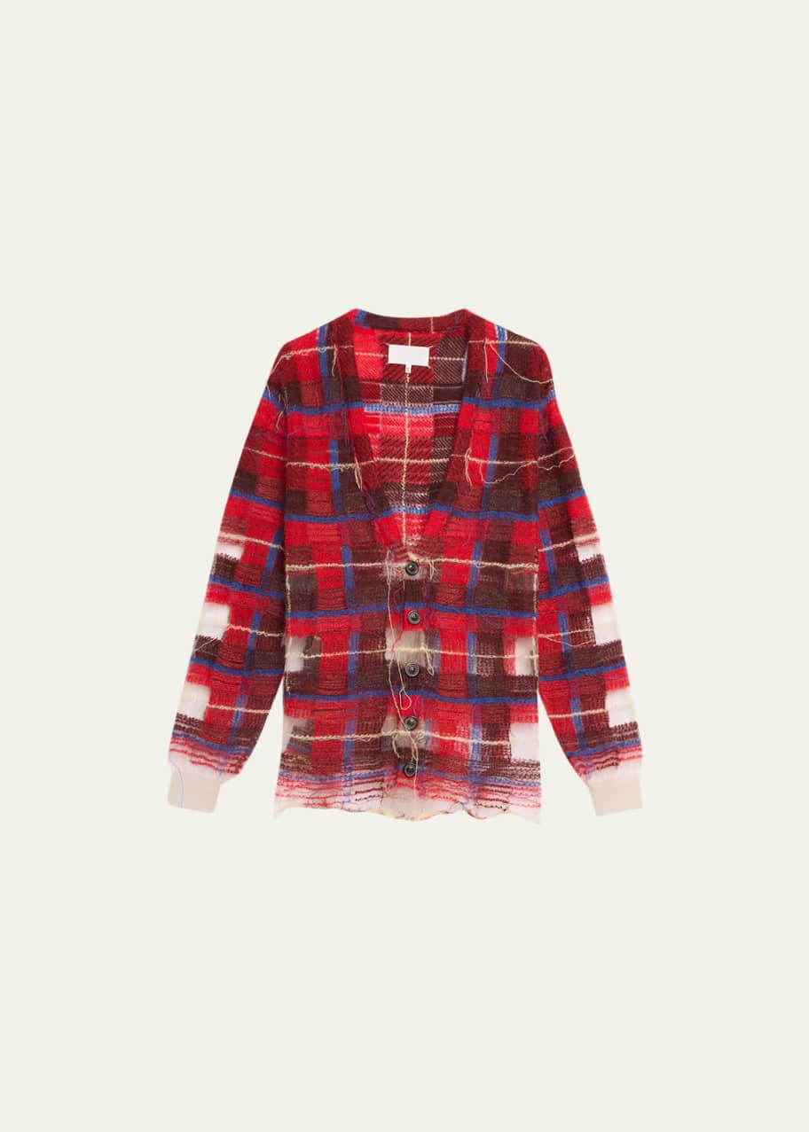 Maison Margiela Mohair Plaid Cardigan with Mesh Inset Details Bergdorf Goodman