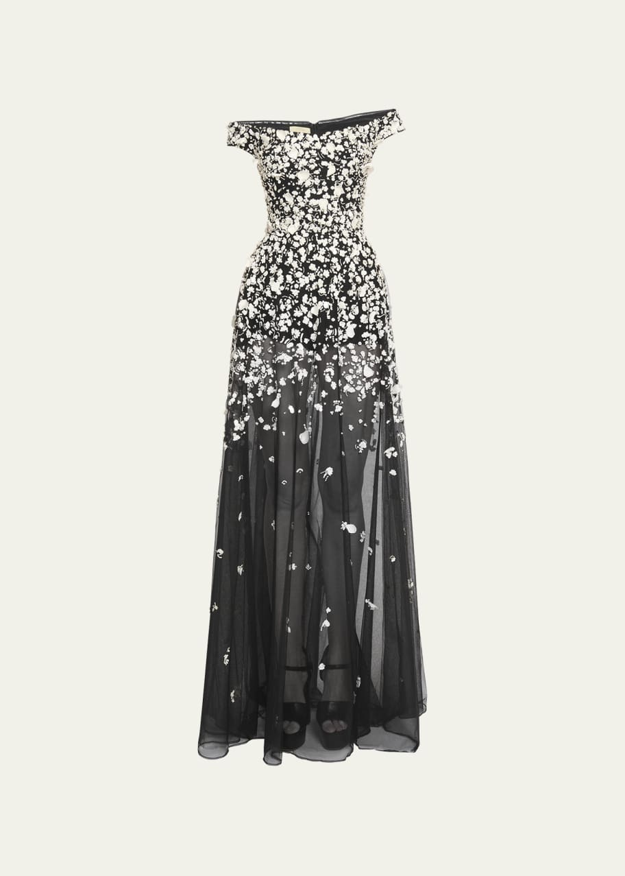 Elie Saab Tulle Embroidered Long Dress - Bergdorf Goodman