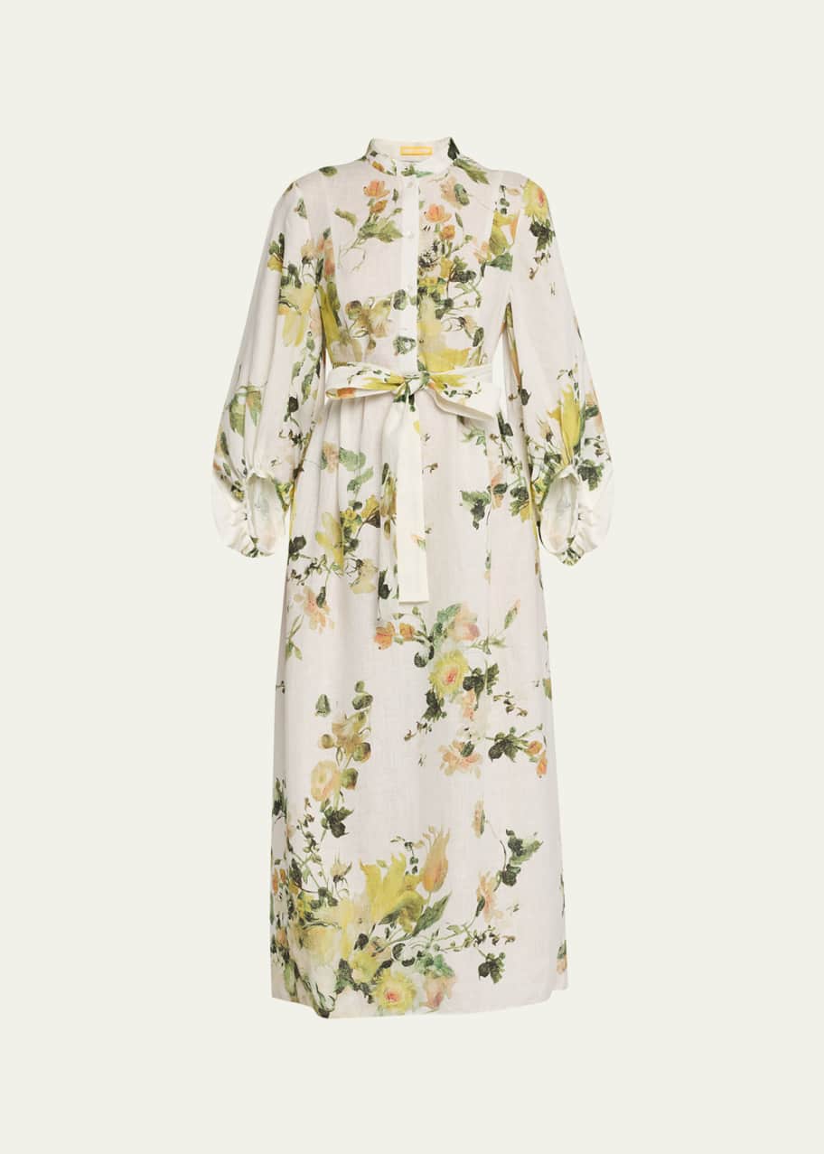 Erdem Painted Bouquet Print Belted Linen Midi Dress - Bergdorf Goodman