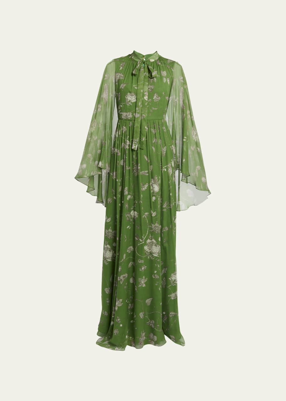 Erdem Floral Print Cape Effect Gown with Bow Neck Detail - Bergdorf Goodman