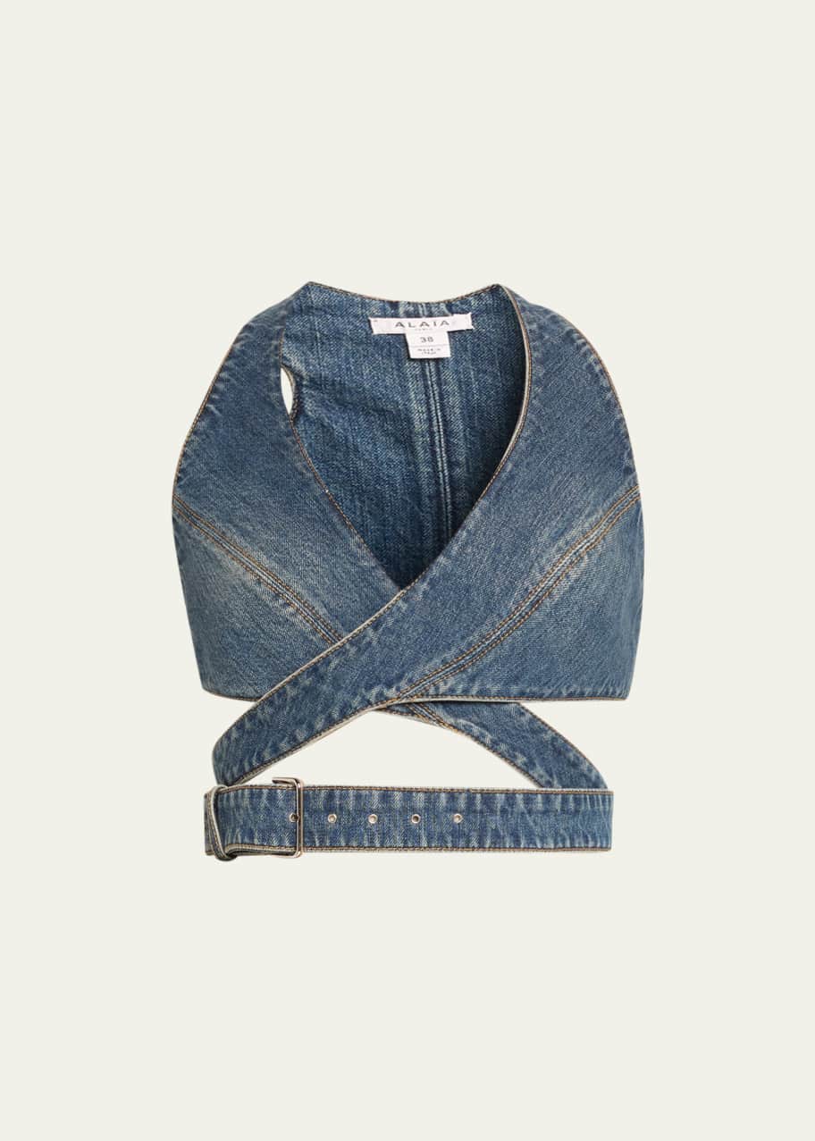 ALAÏA Crossover Buckle Denim Bra Top - Bergdorf Goodman
