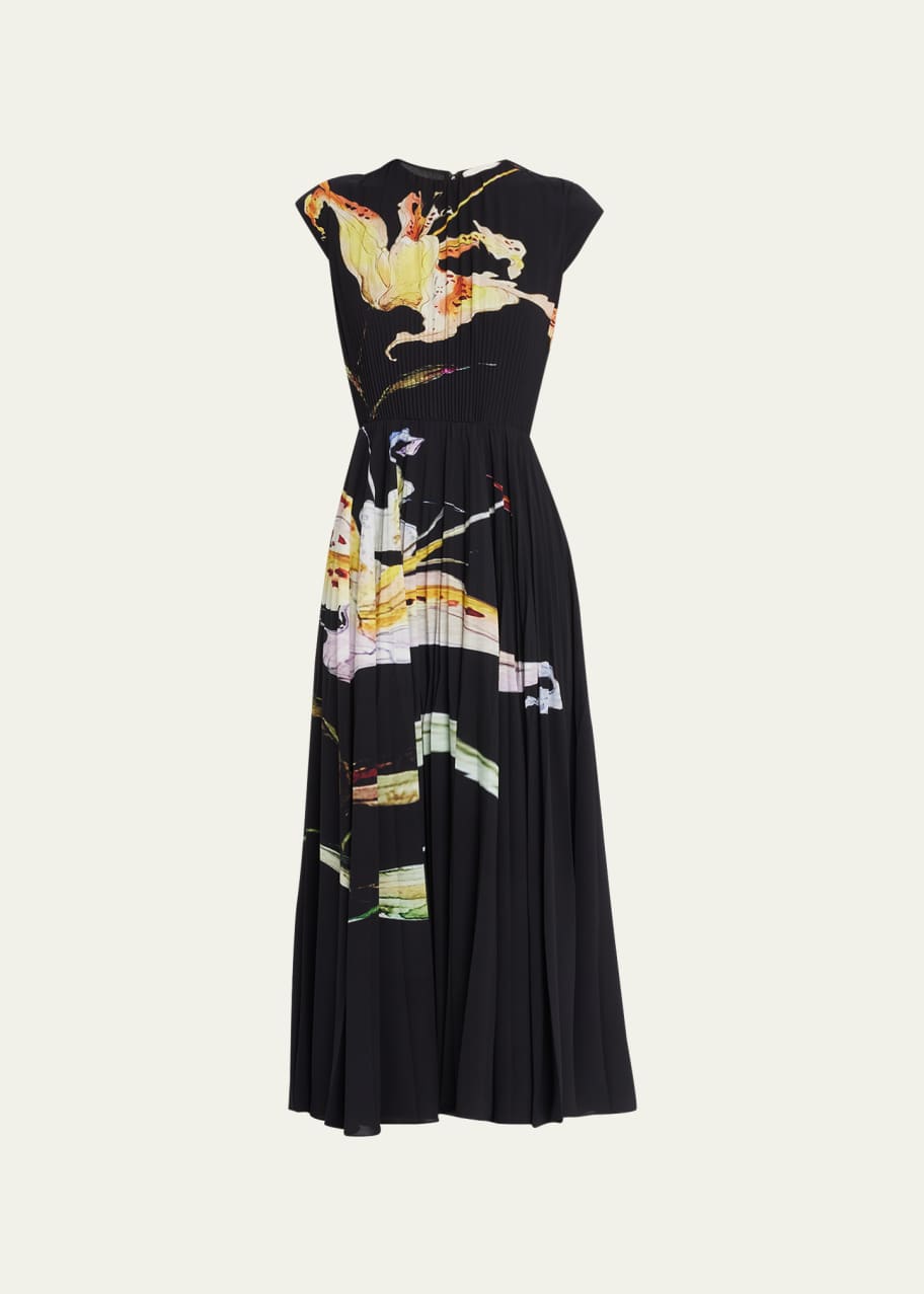 open lace back dress Halter Floral Print Pleated Midi Dress Small / White main image 1