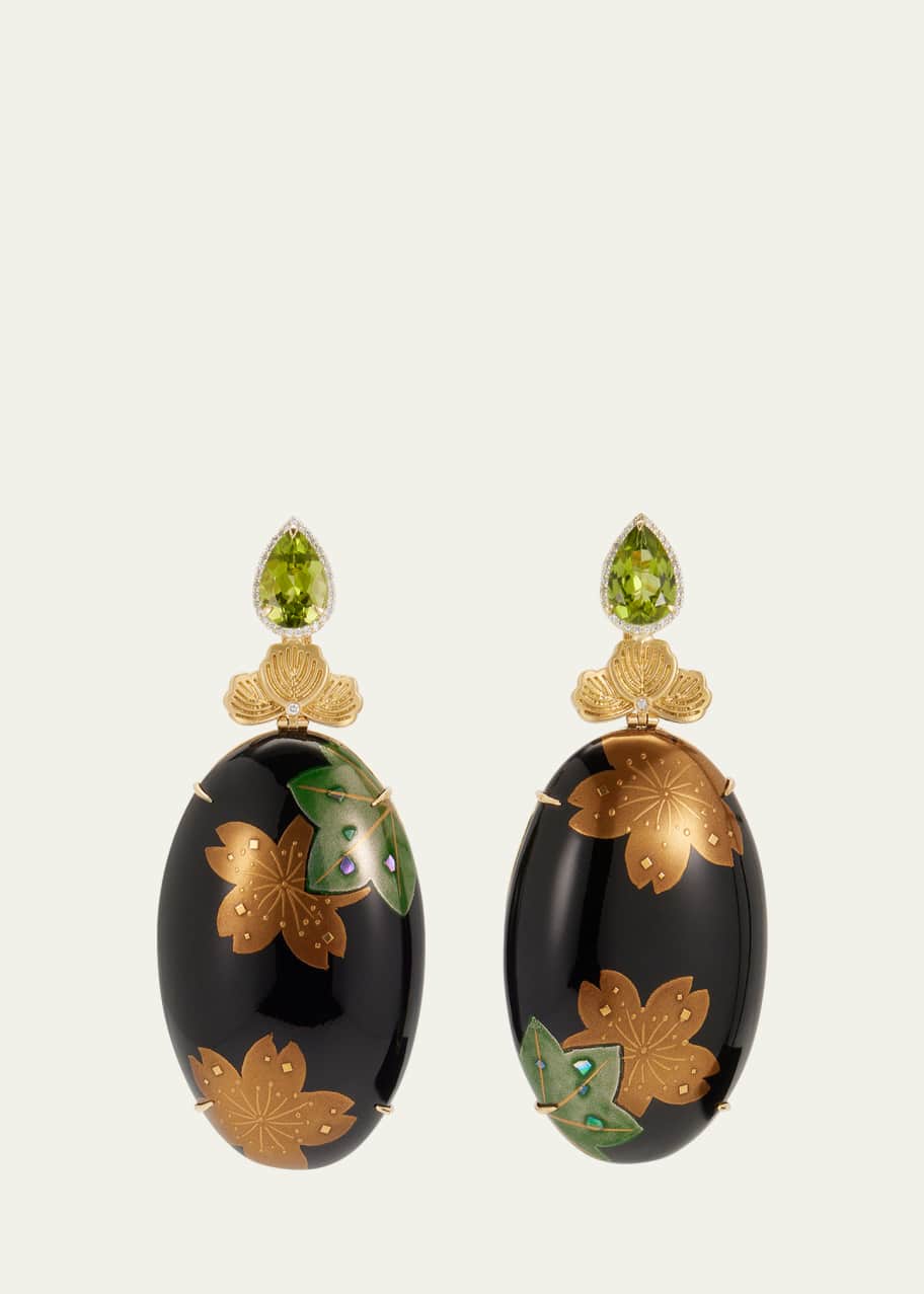 Image 1 of 1: Yellow Gold Earrings with Maki Lacquer, Peridot, and Diamonds