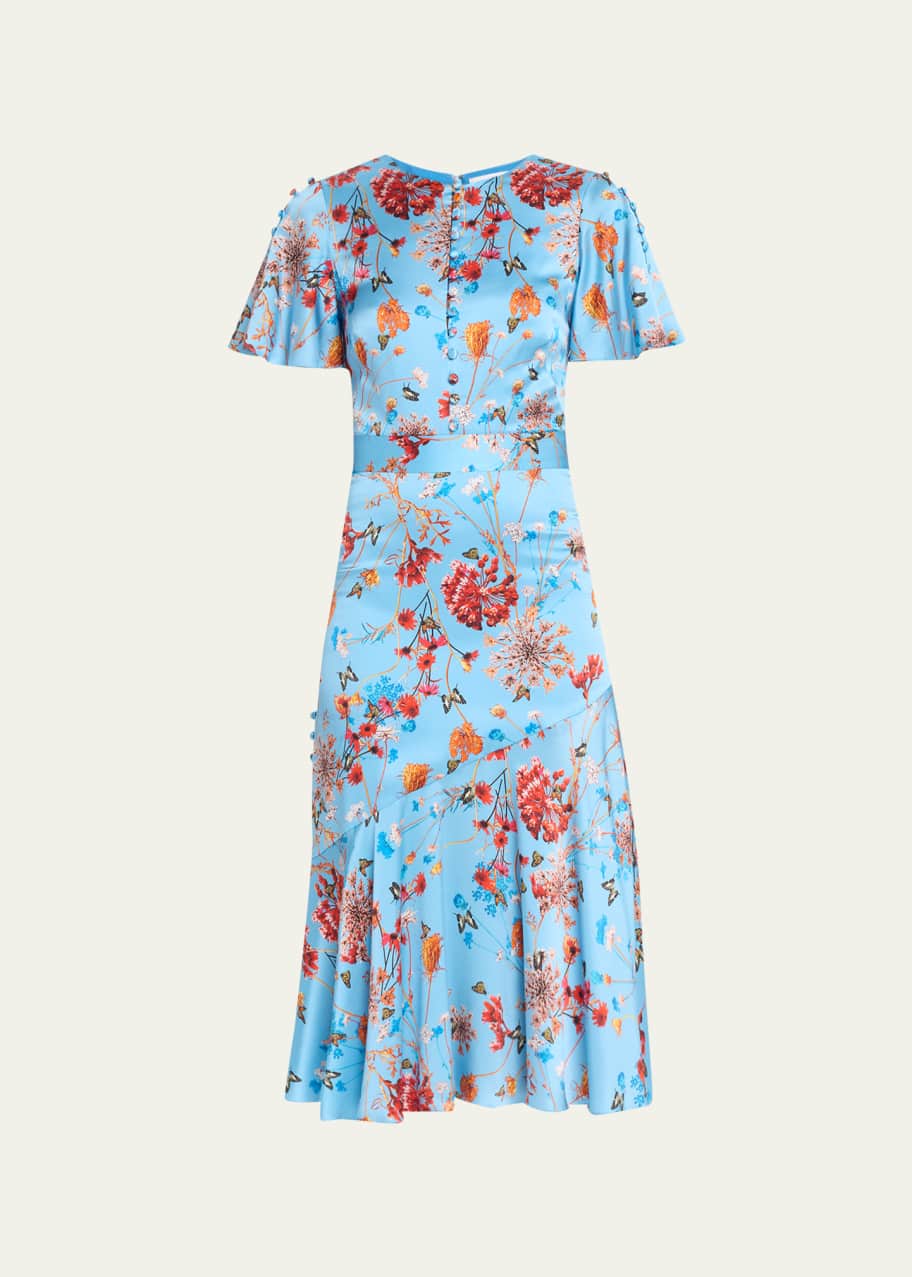 knee length dresses for ladies Maggy London Charmeuse Leaf Print Cap Sleeve Midi Dress, Womens, 6, Cream/Navy