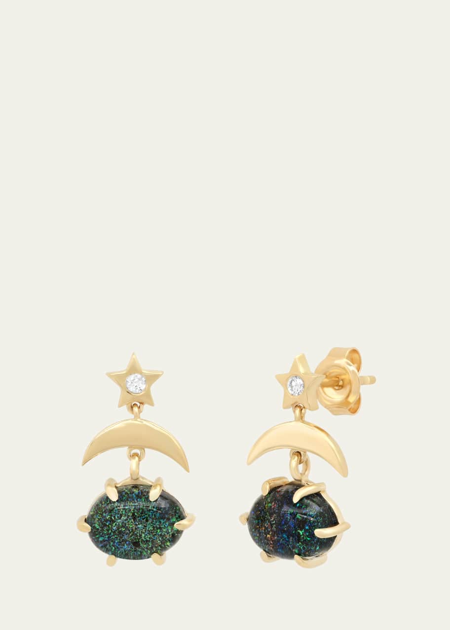 Image 1 of 1: 14K Yellow Gold Mini Cosmo Black Opal Drop Earrings with Diamonds