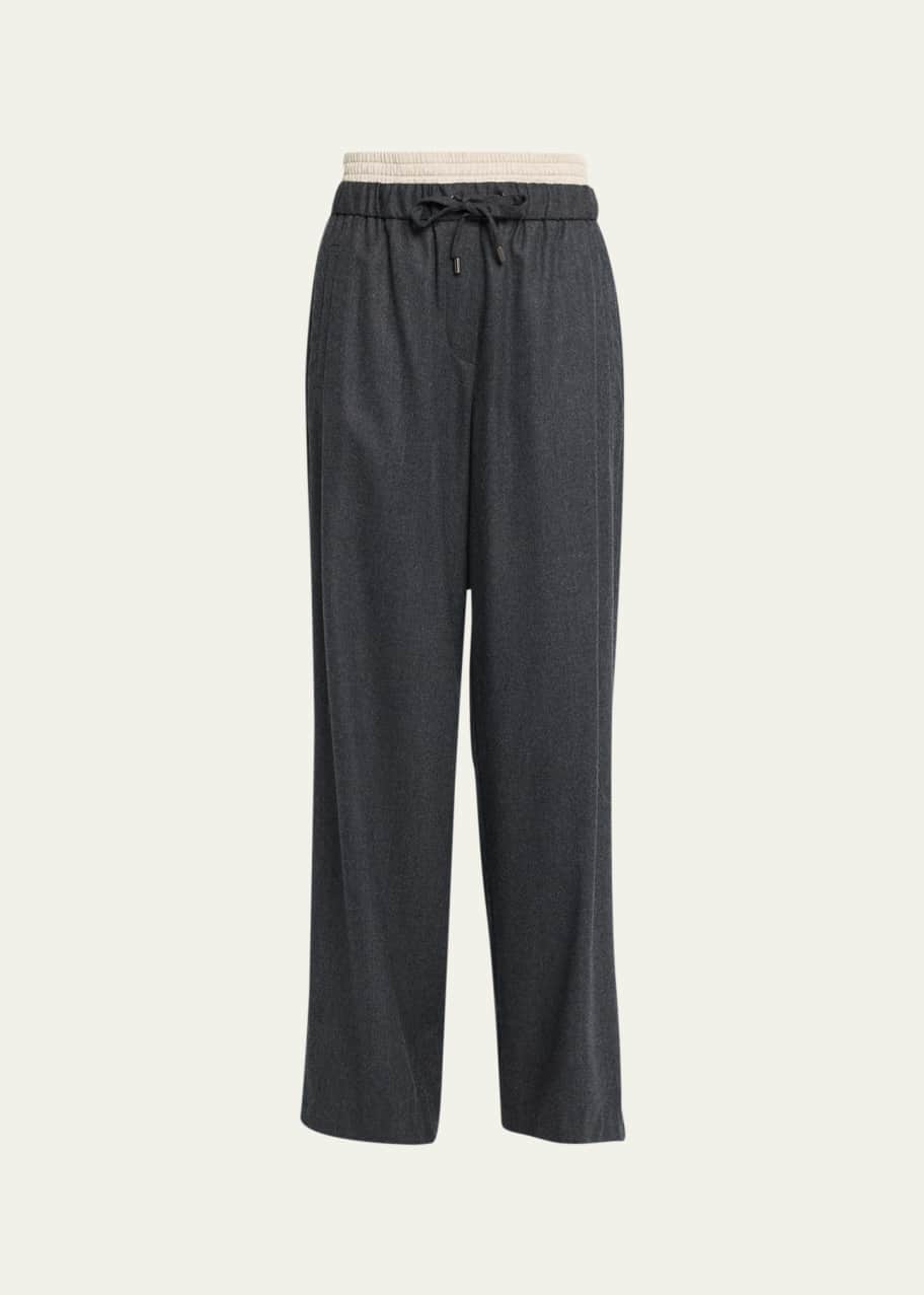 Image 1 of 1: Flannel Wool Pant with Contrast Taffetta Waist and Drawstring