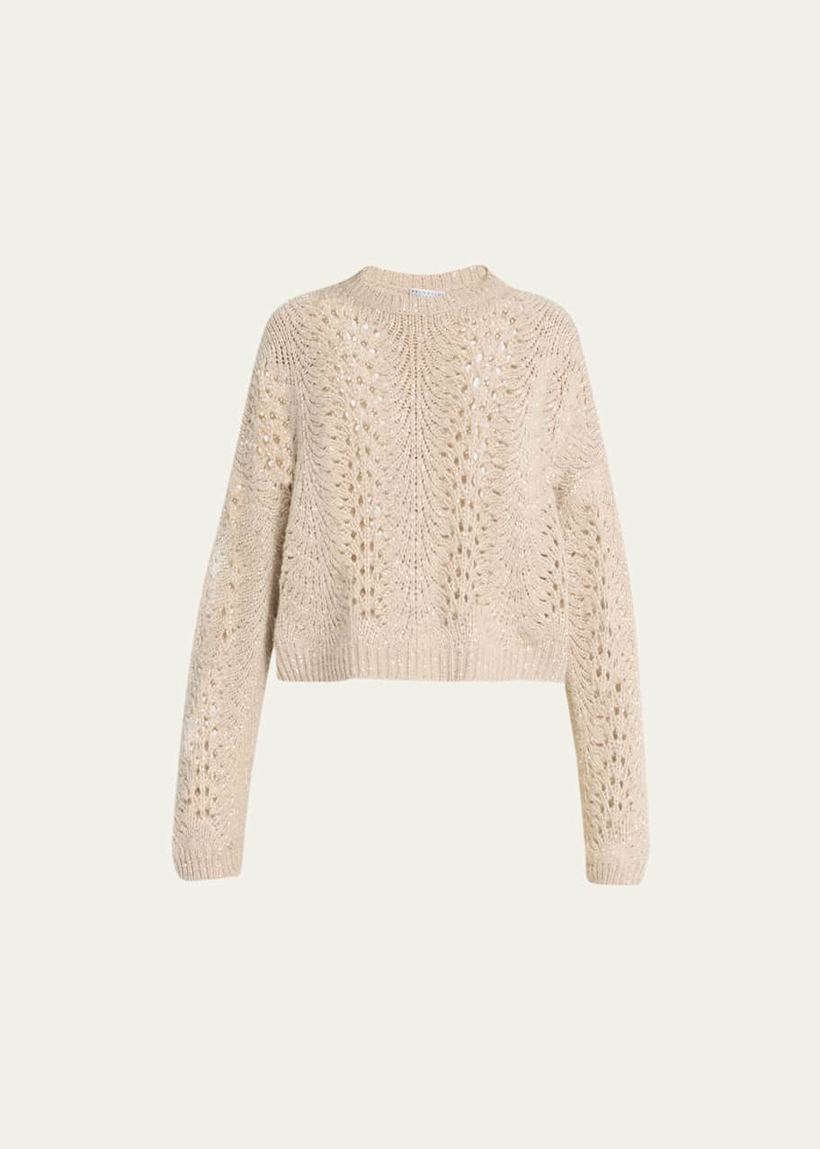 Brunello Cucinelli Cashmere Lace Knit Cropped Sweater with Micro
