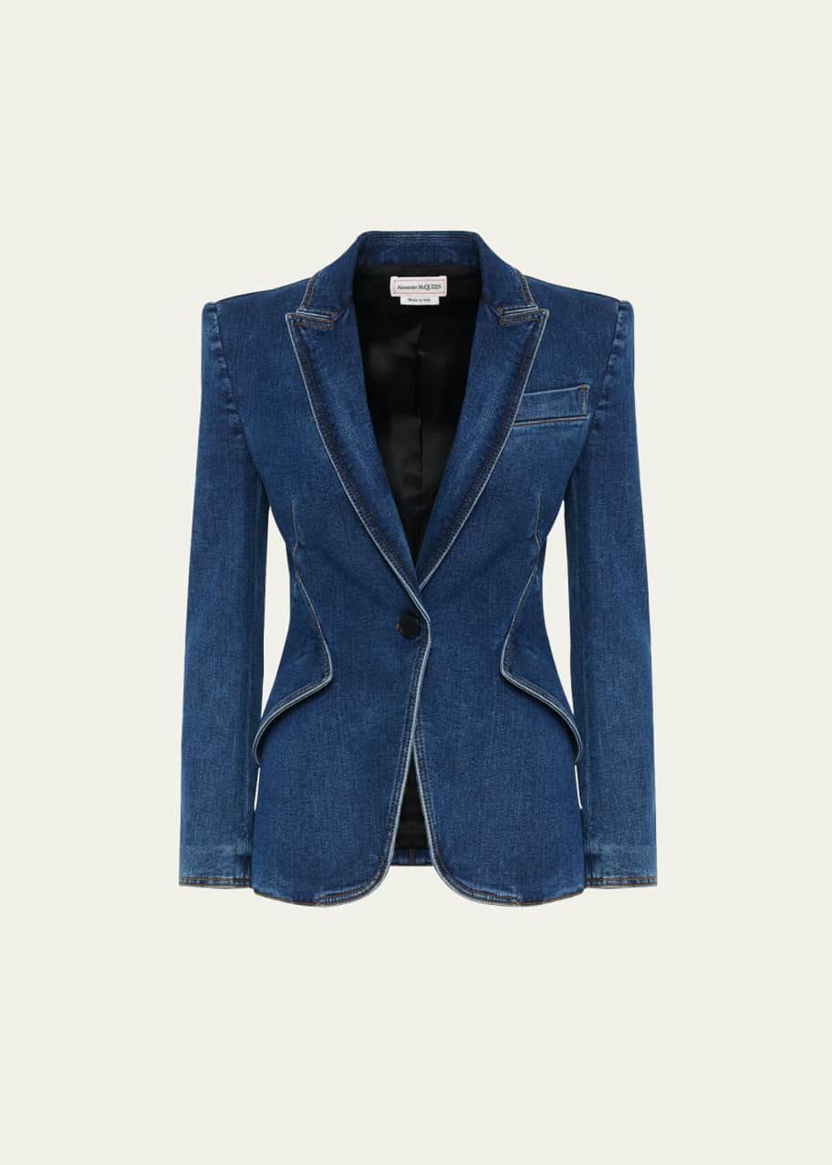 Image 1 of 1: Medium-Wash Denim Single-Breasted Blazer