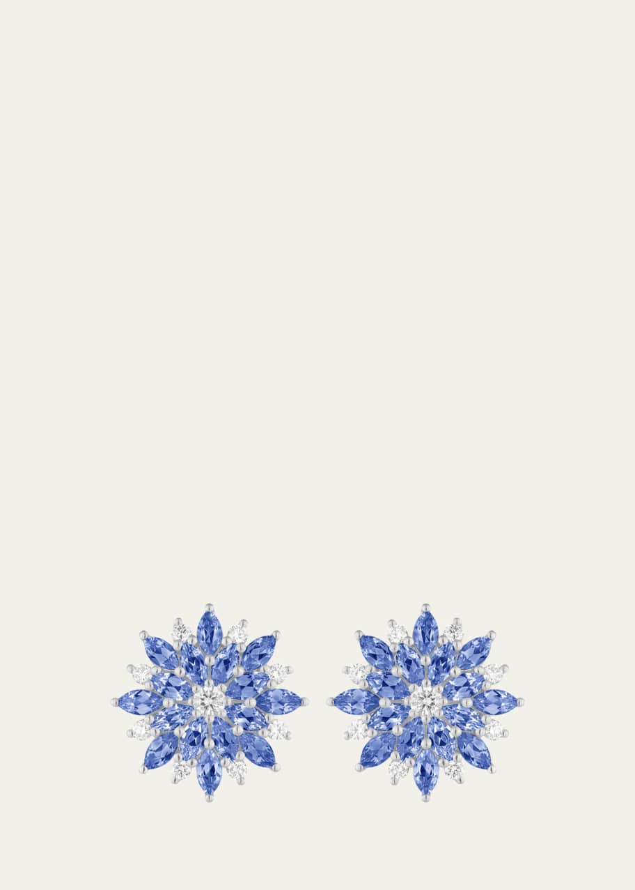 Image 1 of 1: 18K White Gold Dahlia Stud Earrings with Diamonds and Blue Sapphires