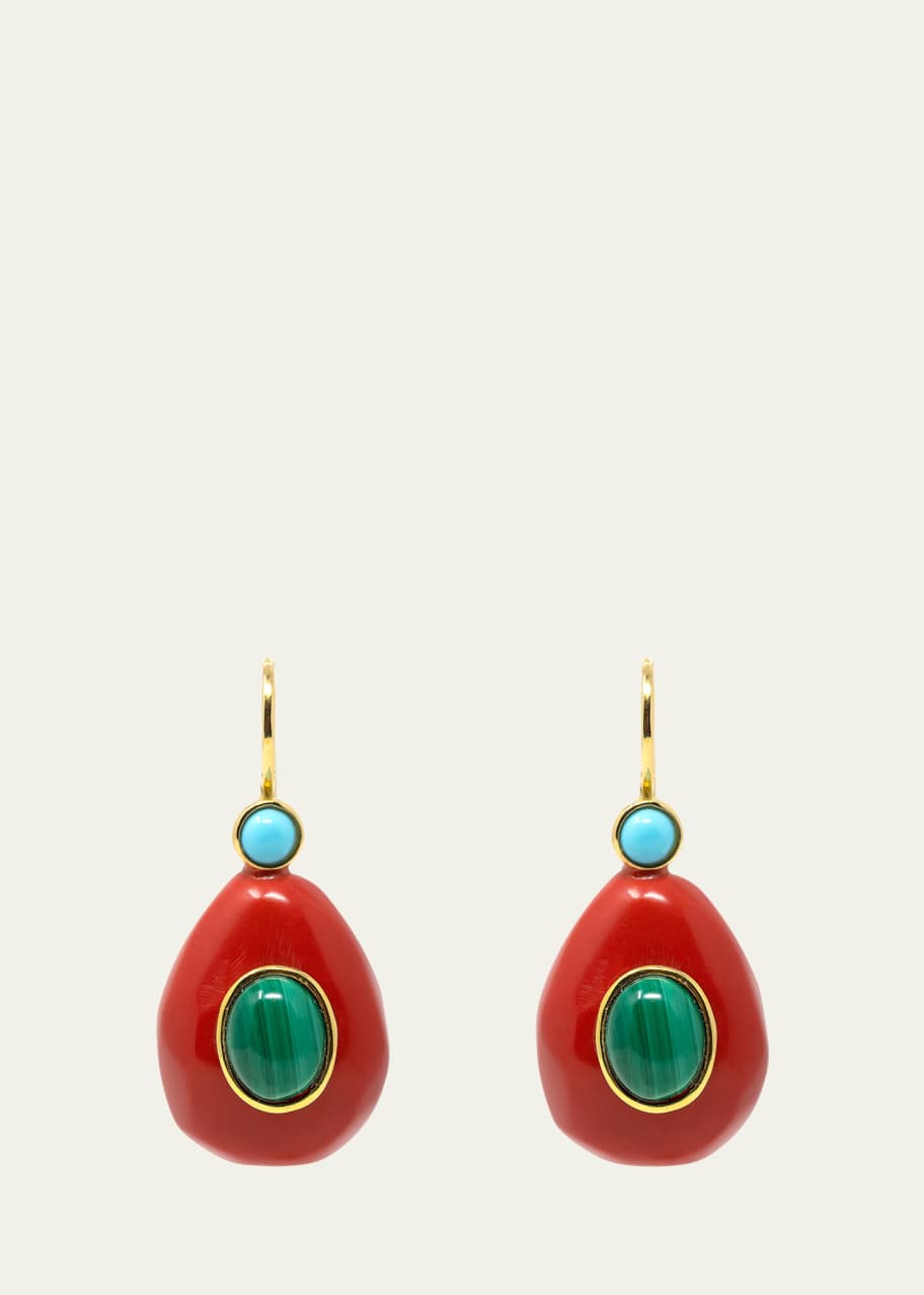 Image 1 of 1: Monachina Big Drop Earrings with Red Resin, Turquoise and Malachite