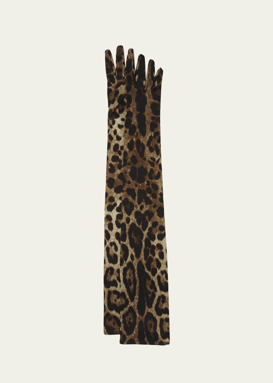 Image 1 of 1: x Kim Long Leopard Print Satin Gloves