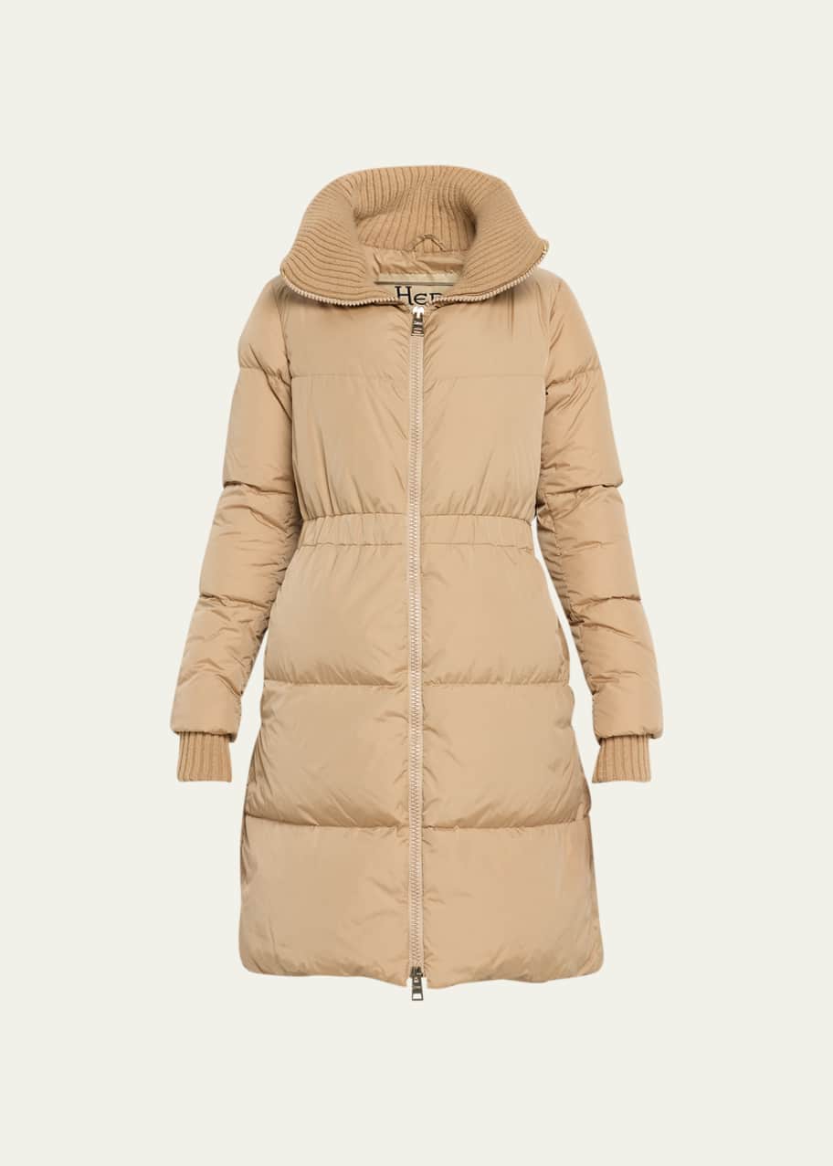 Nylon Midi Puffer Coat with Knit Trim