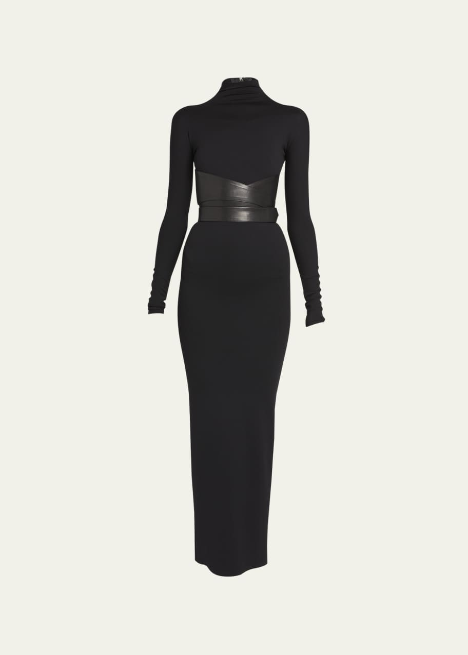 ALAIA Turtleneck Maxi Dress with Wrap Leather Belt