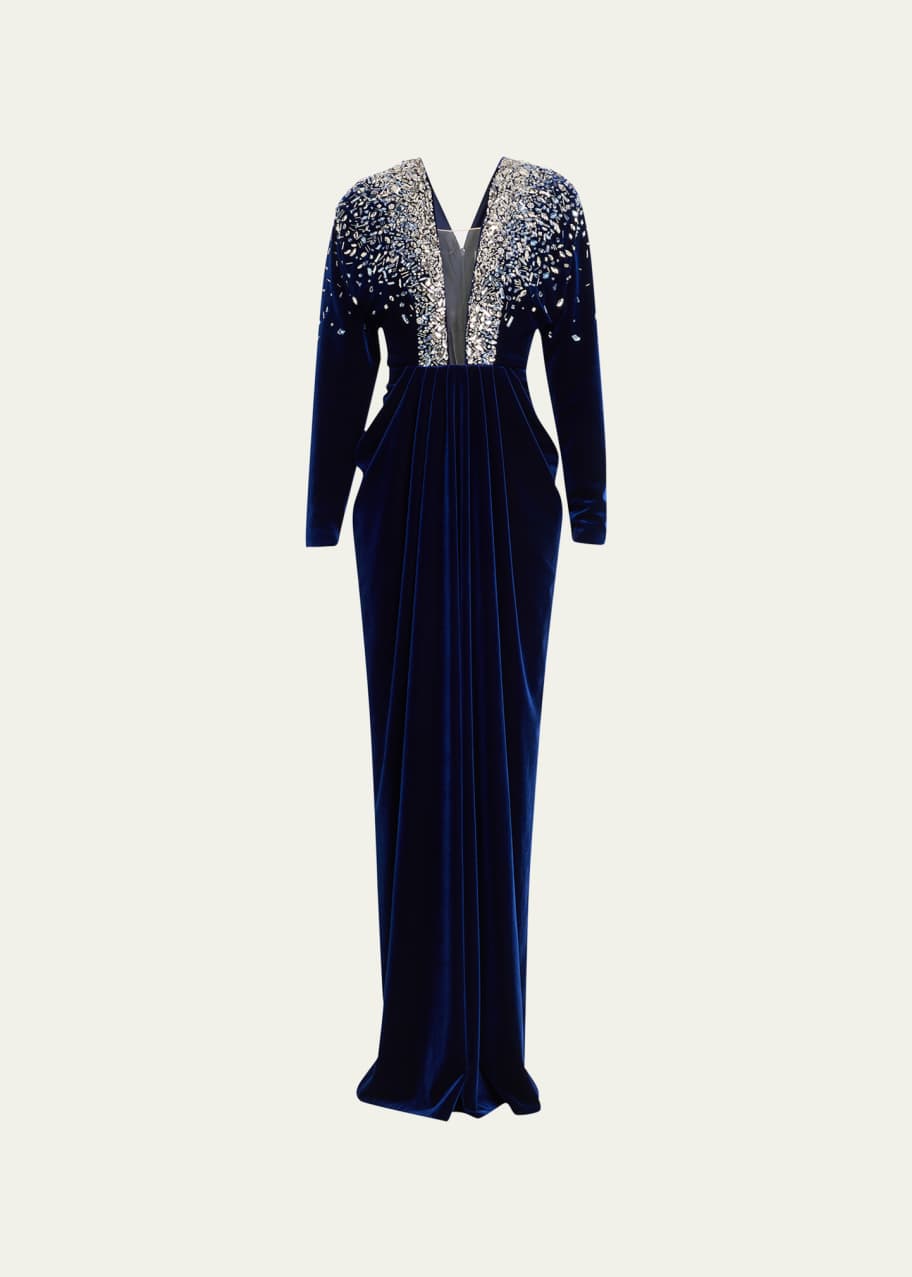 Pamella Roland Draped Velvet Gown with Crystal Embroidered Neckline -  Bergdorf Goodman