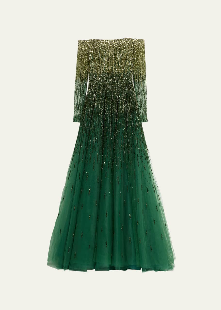 slim fit dress slacks Pamella Roland Breaded Emerald Evening Gown