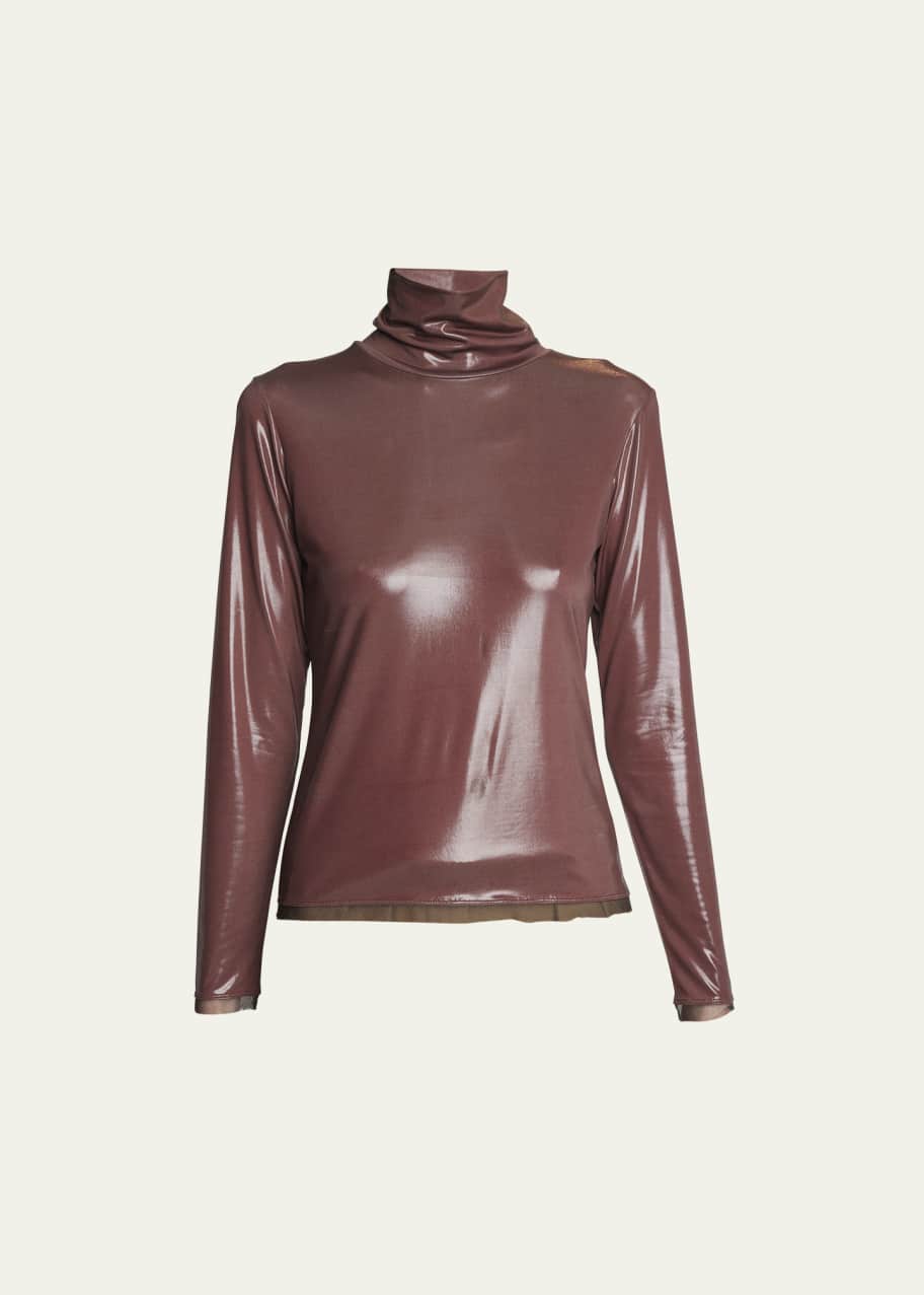 Dries Van Noten Hosko Shine Jersey Turtleneck Top with Mesh Trim