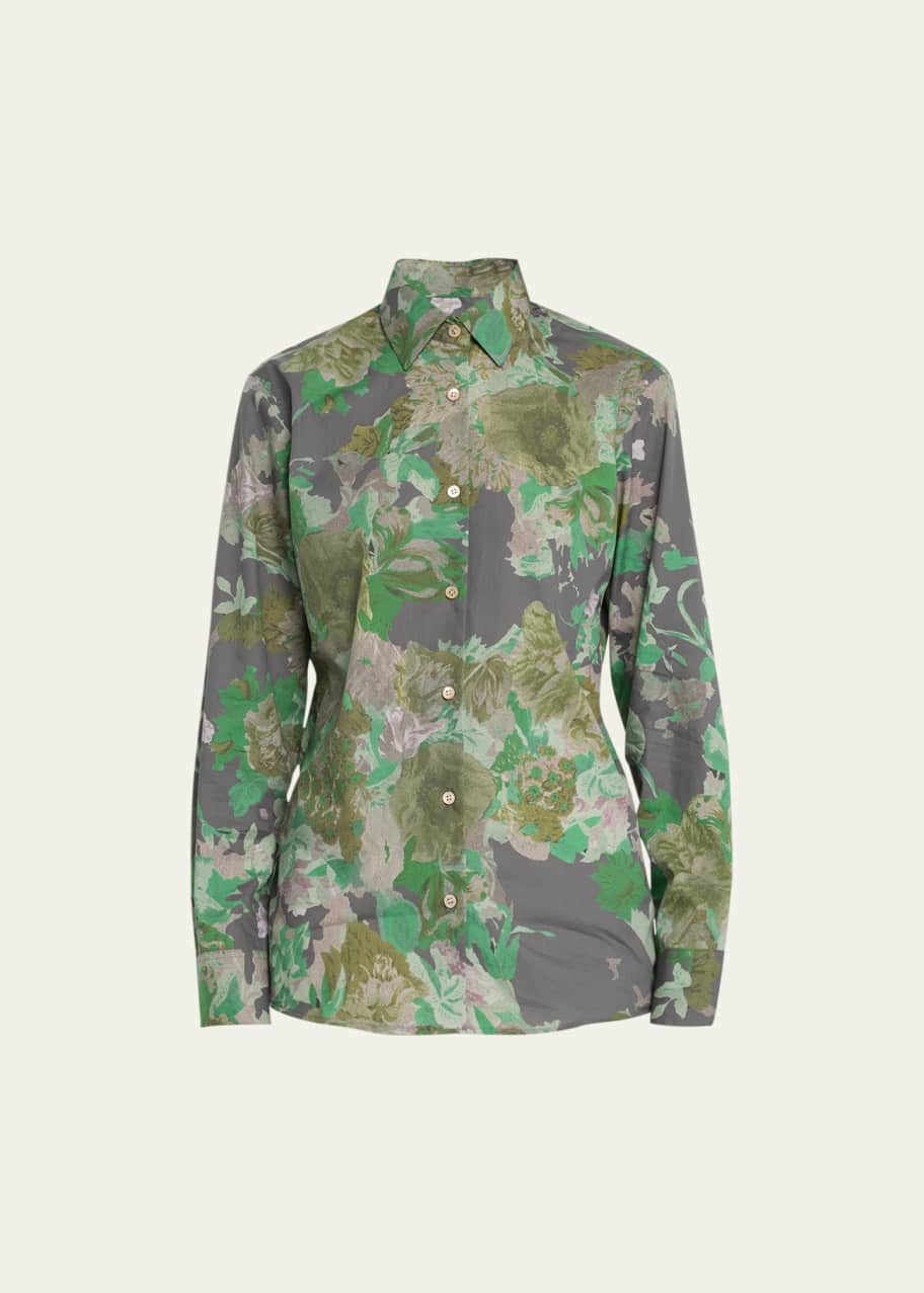 Dries Van Noten Clavelly Painted Floral Cotton Button-Front Shirt ...