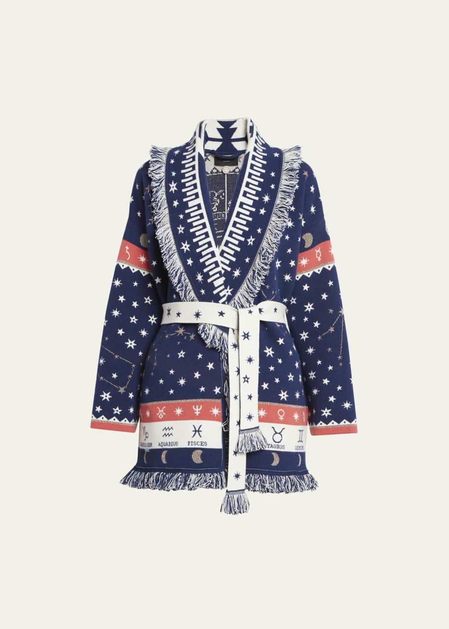 Alanui Astrology Wheel Jacquard Fringe Wool Cardigan Bergdorf