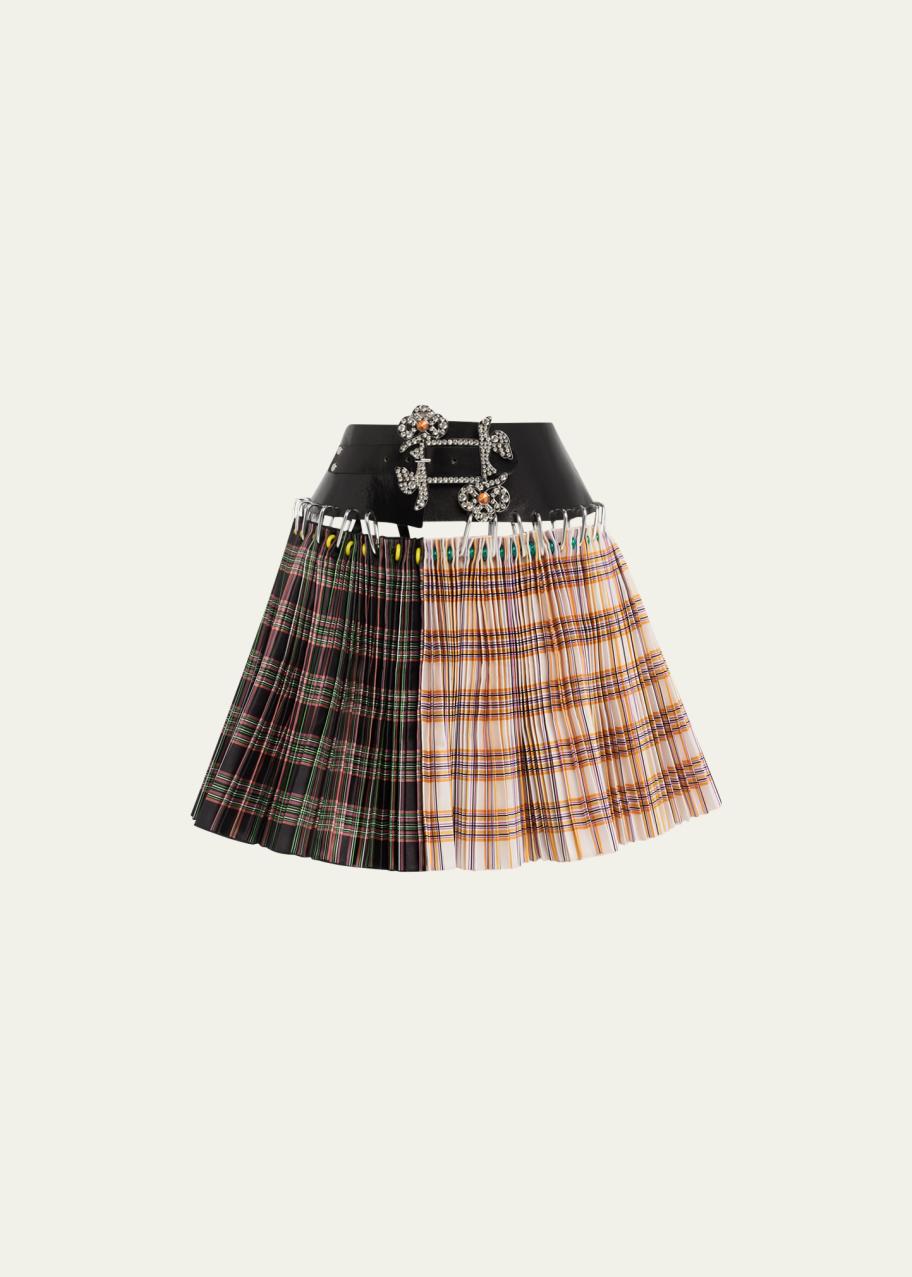 Chopova Lowena Borovets Carabiner Spliced Plaid Print Belted Mini Skirt 