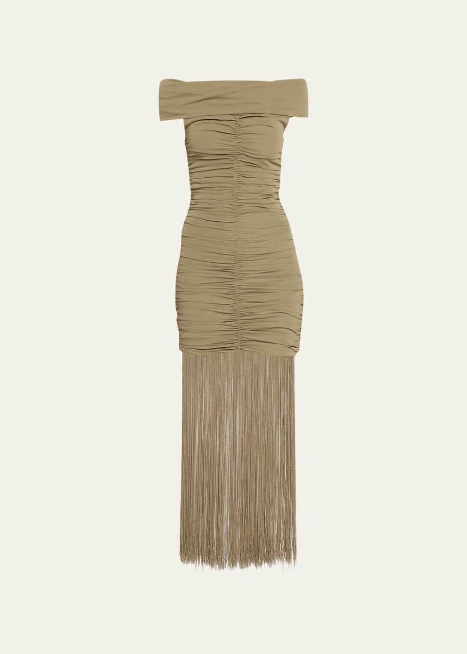 【2】Acka off shoulder fringe dress Khaite Jacinta Off-Shoulder Fringe Dress - Bergdorf Goodman