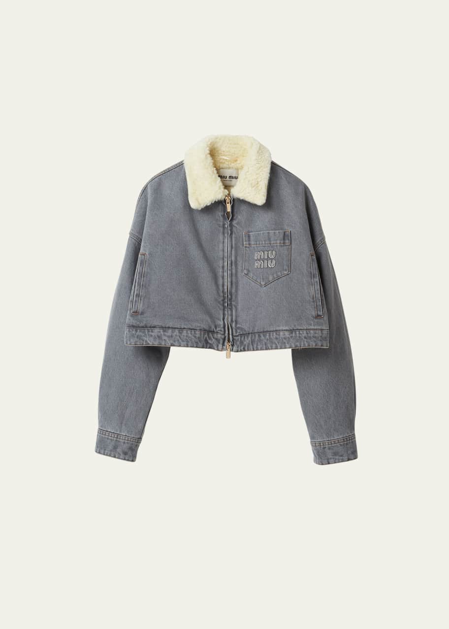 Miu Miu Logo-Embroidered Denim Oversized Jacket with Faux