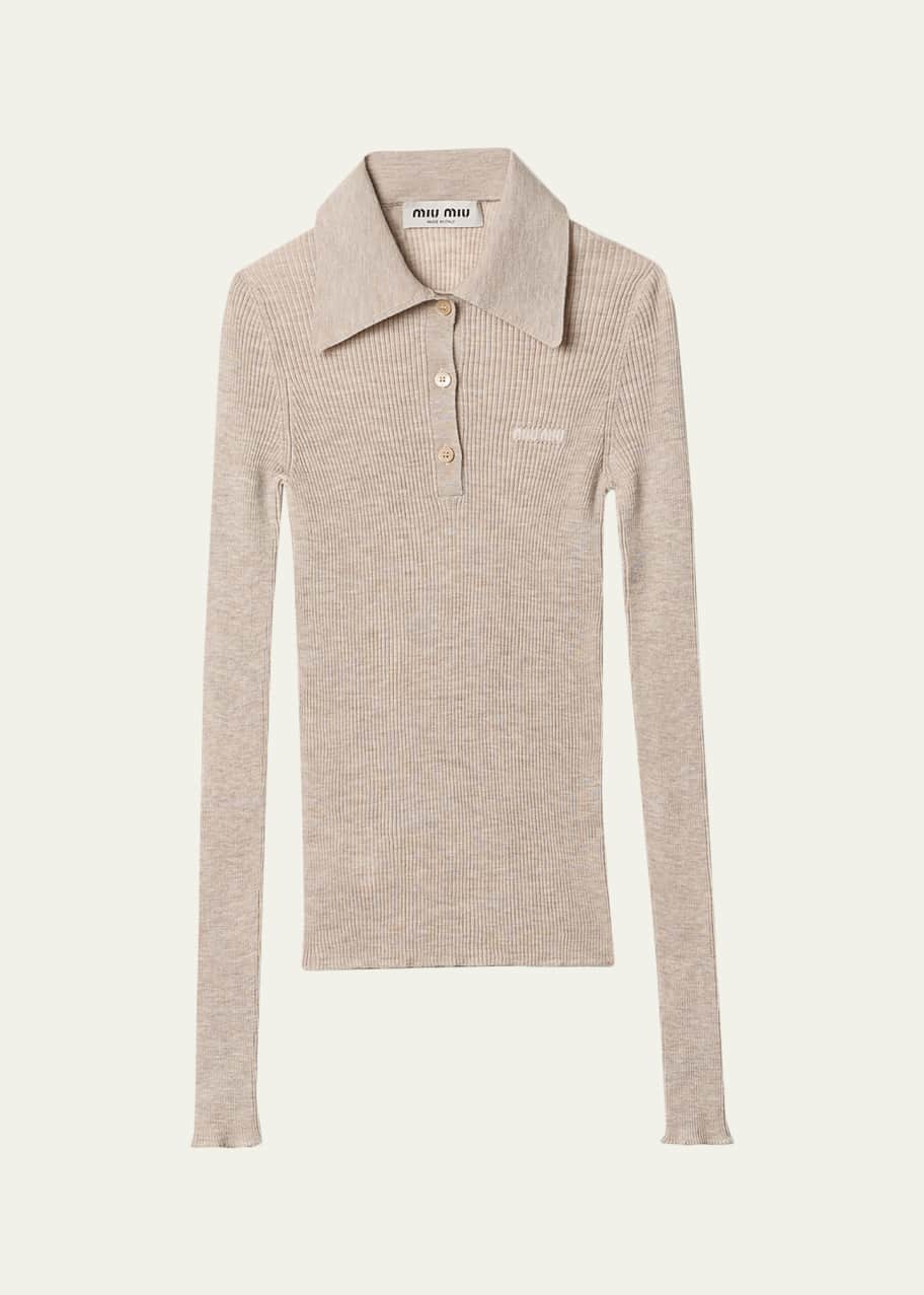 Miu Miu Logo-Intarsia Cashmere Ribbed Polo Shirt - Bergdorf Goodman
