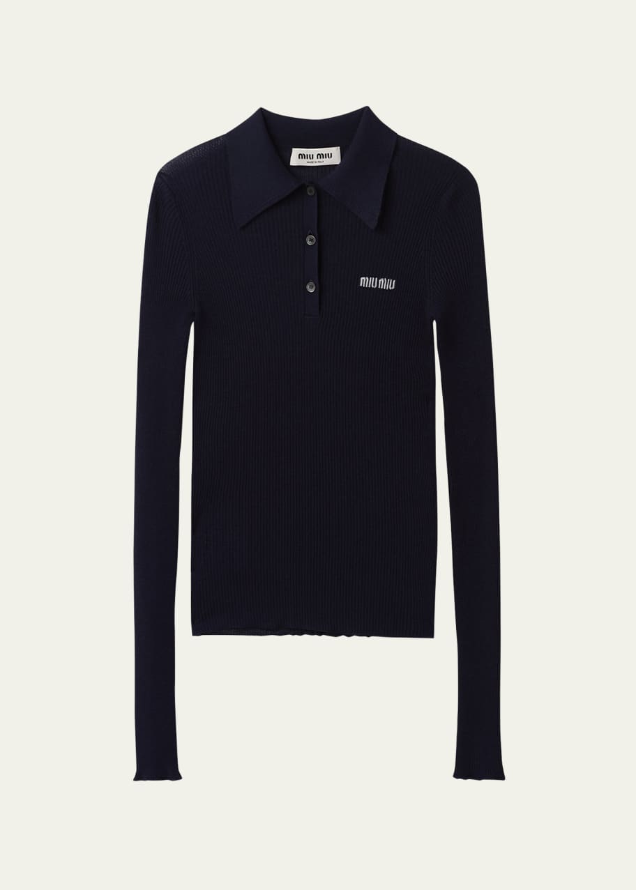 Miu Miu Logo-Intarsia Cashmere Ribbed Polo Shirt - Bergdorf Goodman