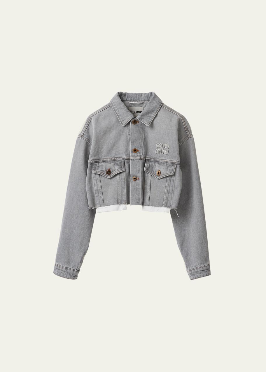 Miu Miu Logo-Embroidered Crop Denim Jacket - Bergdorf Goodman