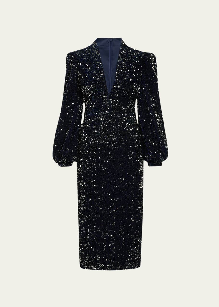 knee length dresses for ladies Sequin Decorated Velvet Puff Sleeve Midi Dress – POST MERIDIEM main image 1