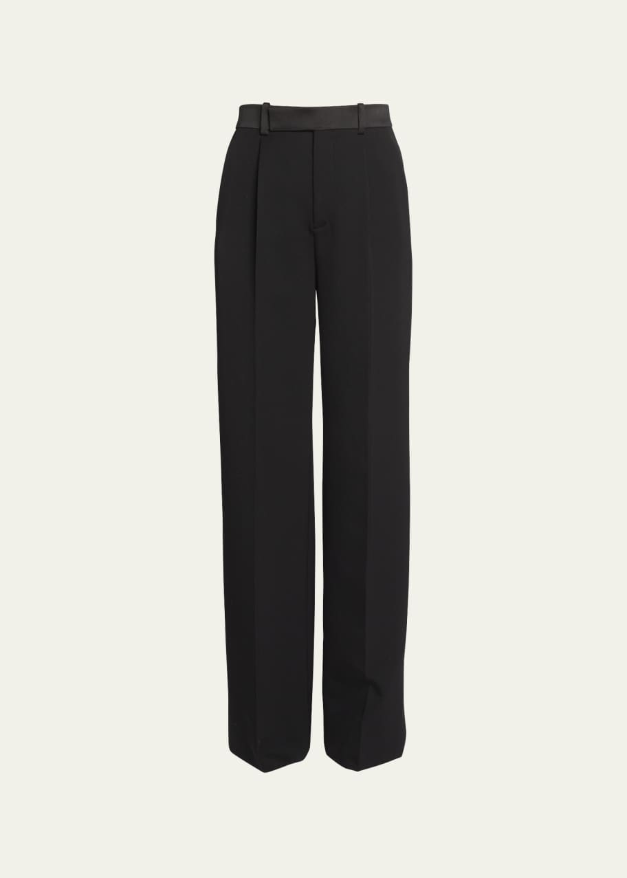 Image 1 of 1: Pleated Wide-Leg Trousers with Satin Waistband