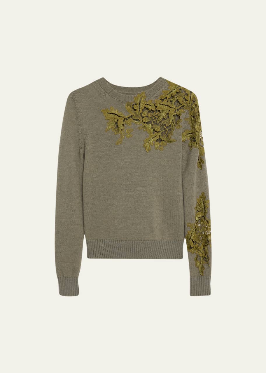 Oscar de la Renta Long-Sleeve Acorn Guipure Inset Pullover