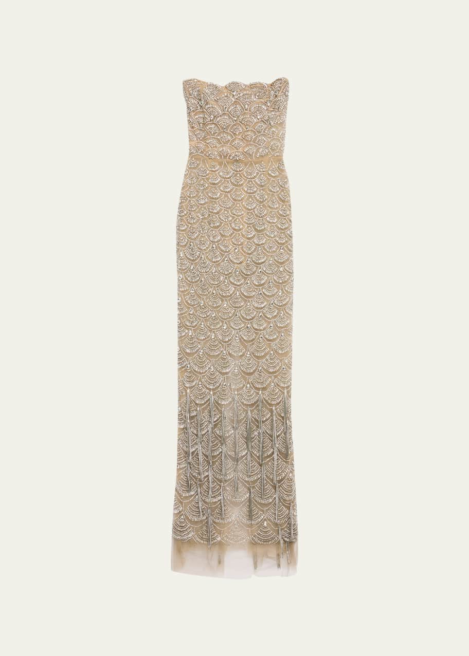Crystal Scallop Embellished Tea Length Gown With Fringe