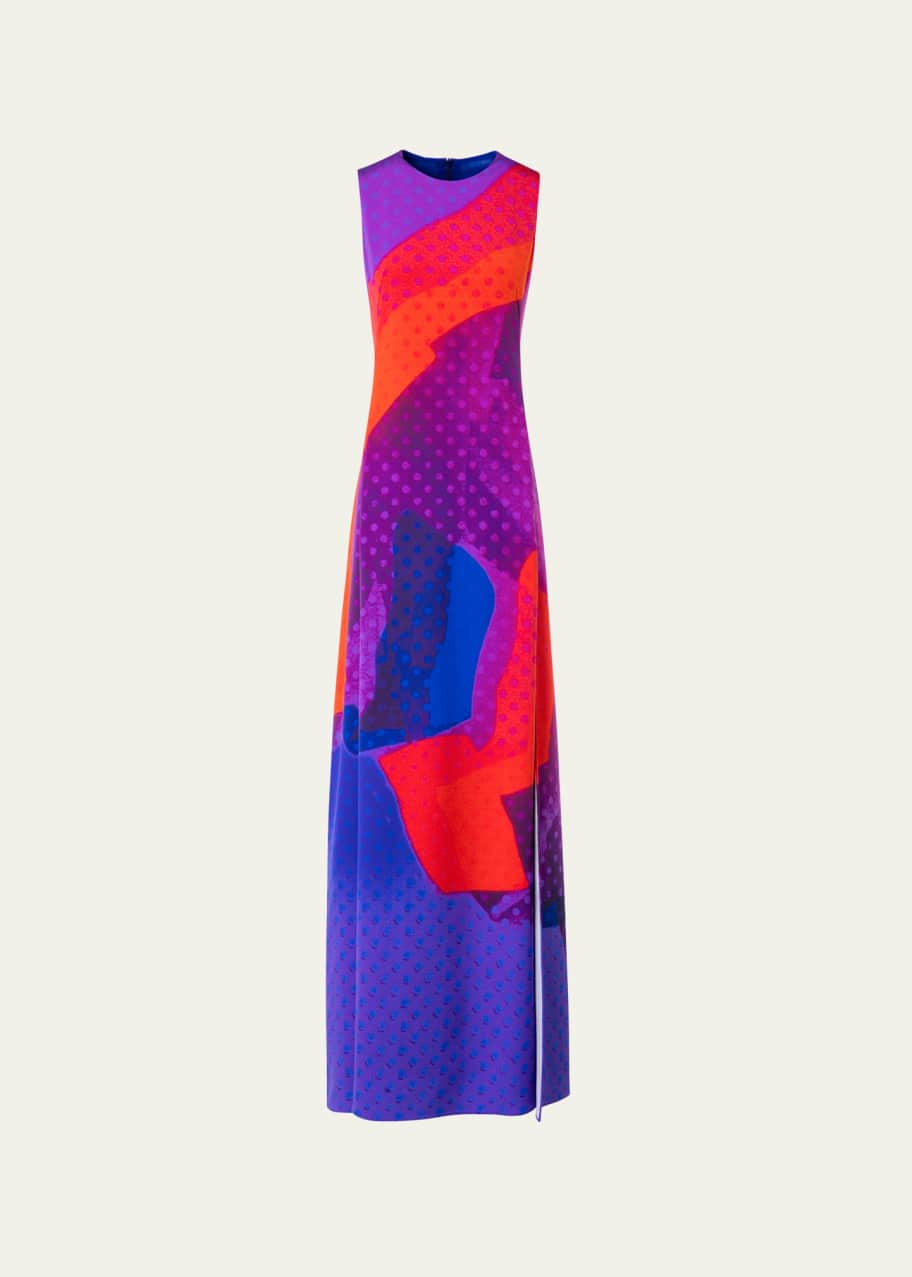 Image 1 of 1: Superimposition-Print Sleeveless Slit-Hem Silk Crepe Gown