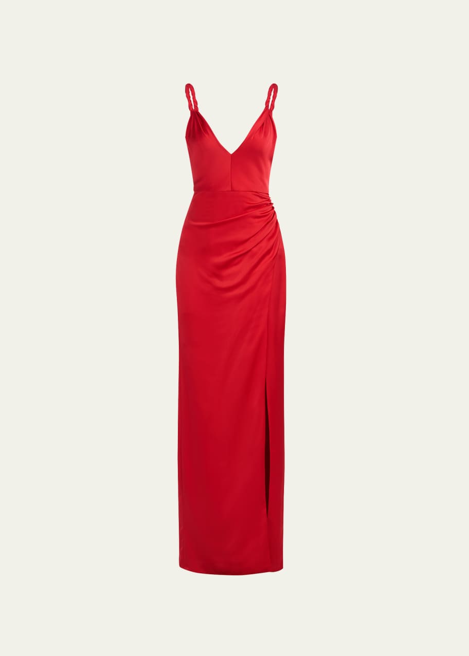 Image 1 of 1: Yvette Twisted-Strap Satin Slit Gown