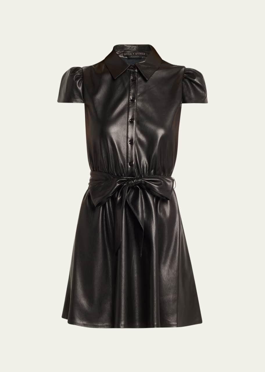 chinese dress ladies alice + olivia Women's Shirley Vegan Leather Pleated Mini Shirt Dress,  Royal, 10 at Amazon Women's Clothing store main image 0