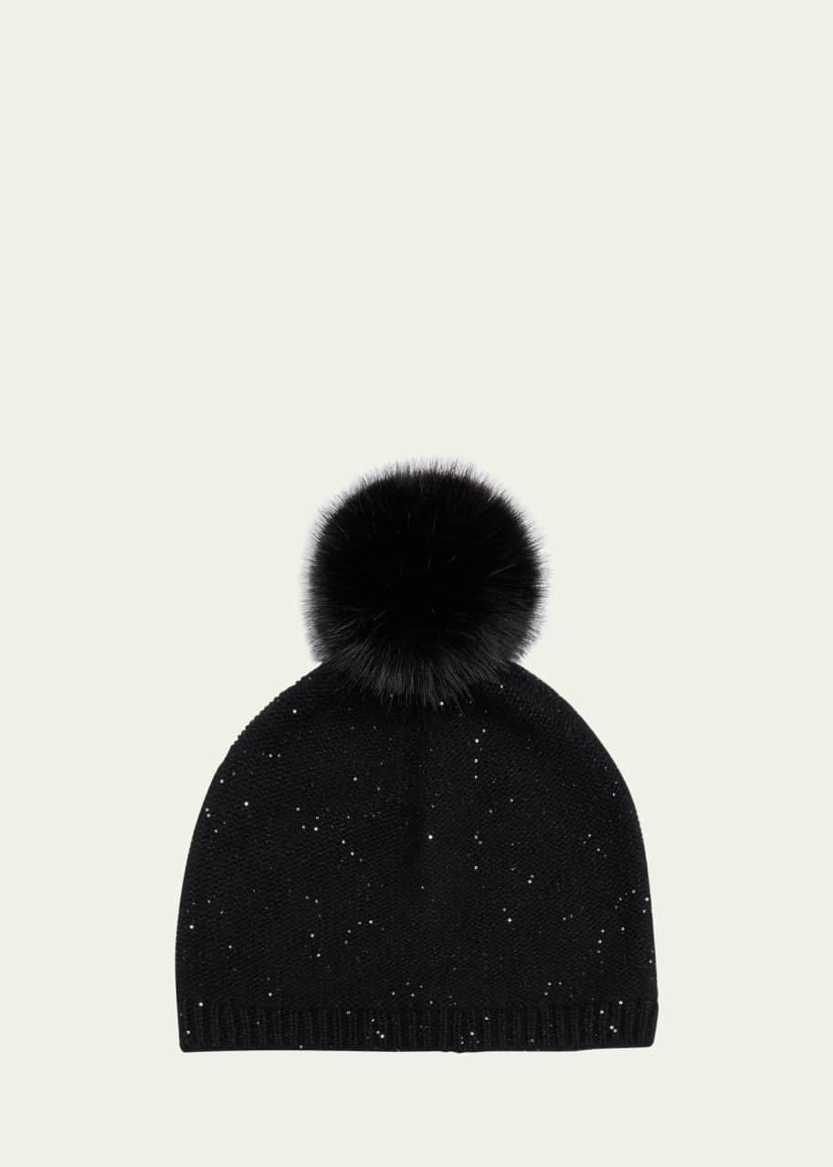 Image 1 of 1: Cashmere Sequin Beanie With Faux Pom
