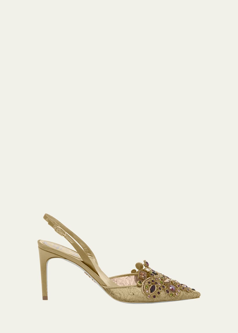 Image 1 of 1: Crystal Embroidered Silk Slingback Pumps